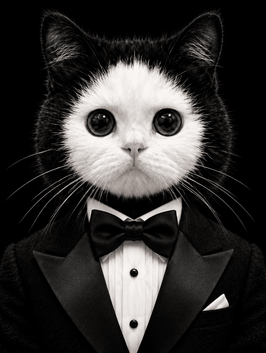 Formal portrait of the black cat with the white face, wearing a black tuxedo and bow tie