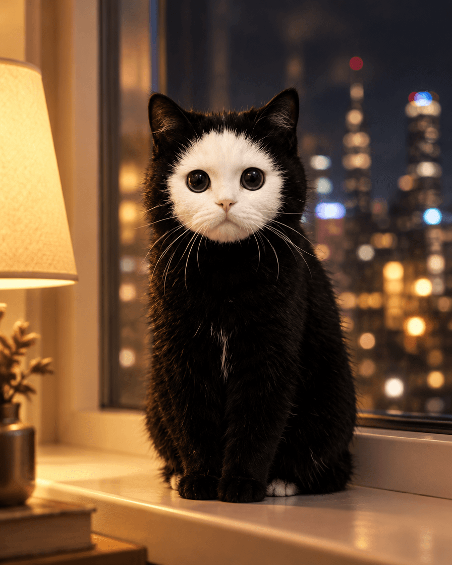 The cat sitting on a windowsill at night, staring at the camera